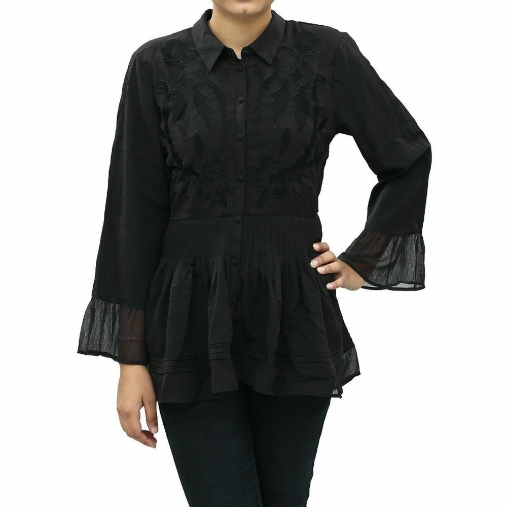 Uterque Embroidered Black Tunic Shirt Top Buttondown Bell Sleeve S-26 New